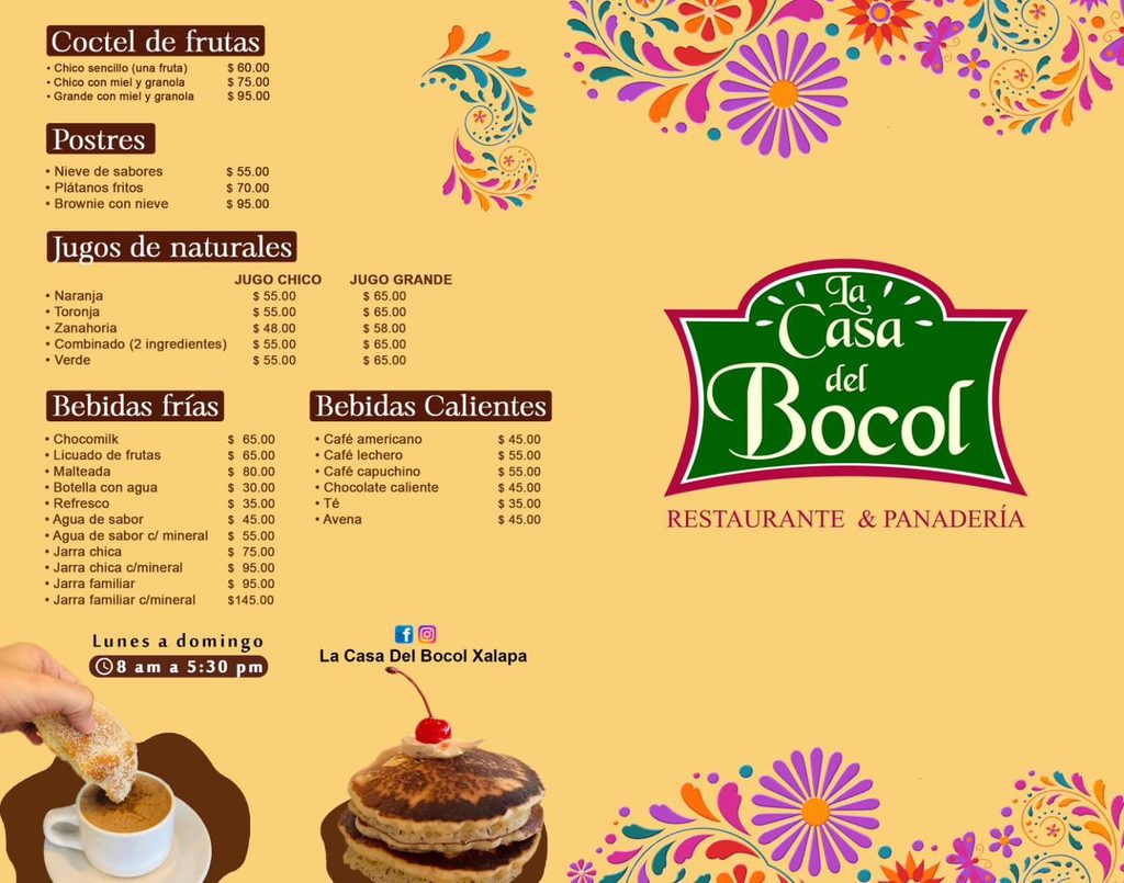 Menú de restaurante en Xalapa - bebidas y postres de La Casa del Bocol